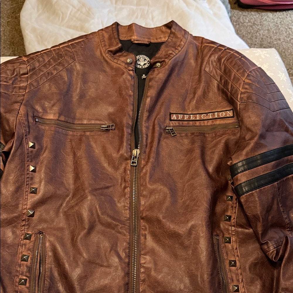 Affliction Men's Brown Leather Bomber Jacket